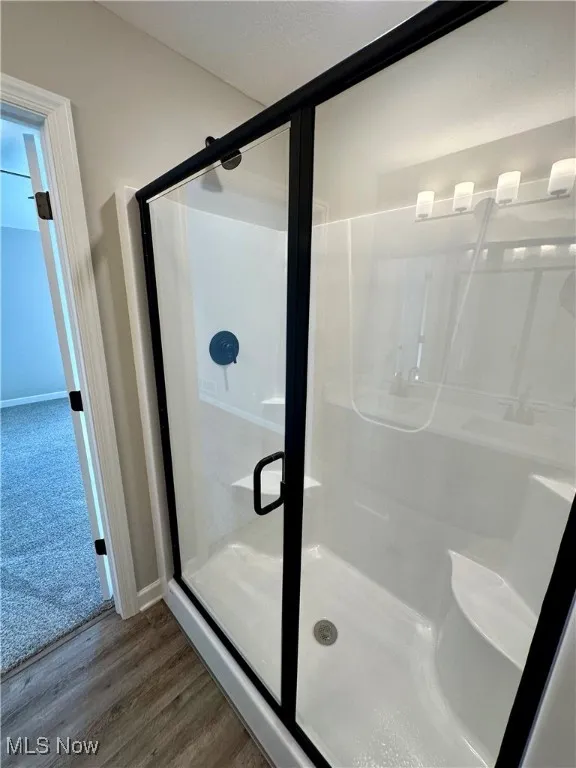 Bathroom featuring a shower with door and hardwood / wood-style flooring