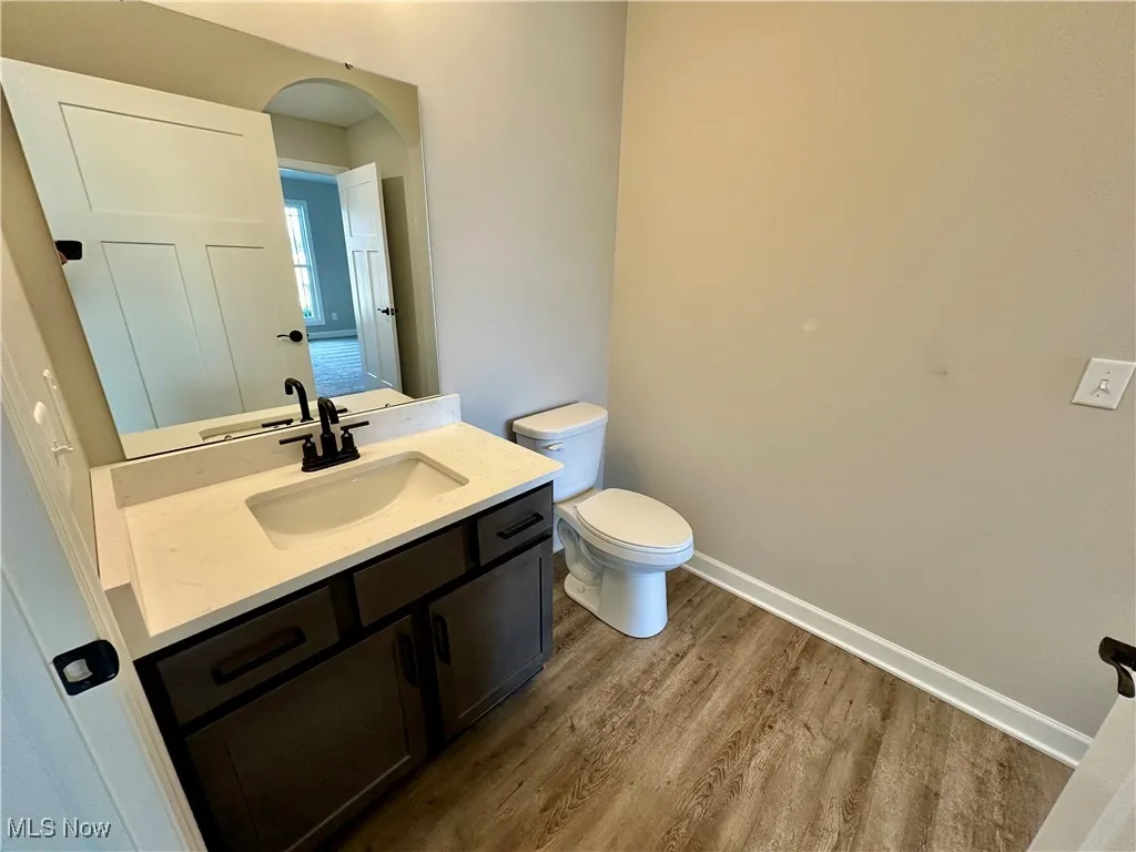 Bathroom with hardwood / wood-style floors, vanity, and toilet