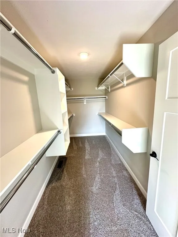 Walk in closet with dark carpet