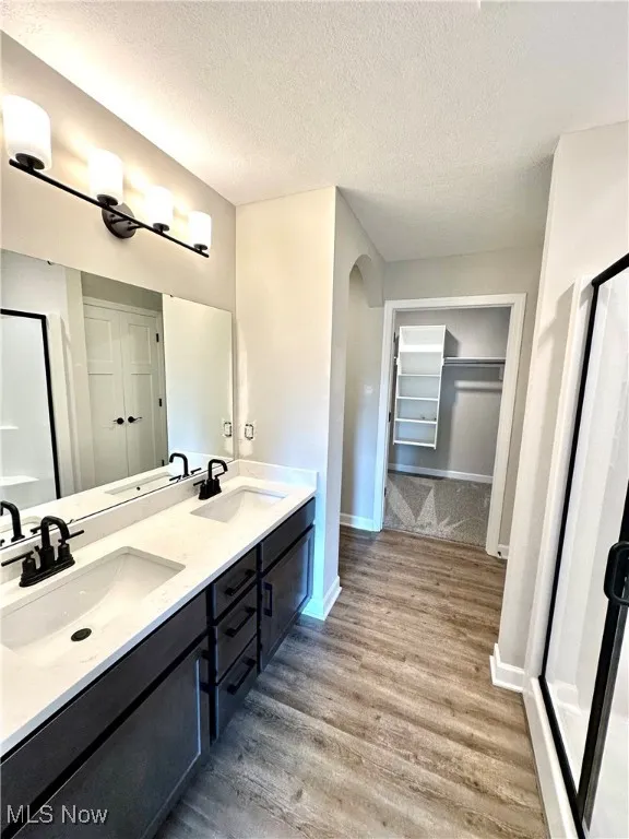 Bathroom with hardwood / wood-style floors, vanity, and a textured ceiling