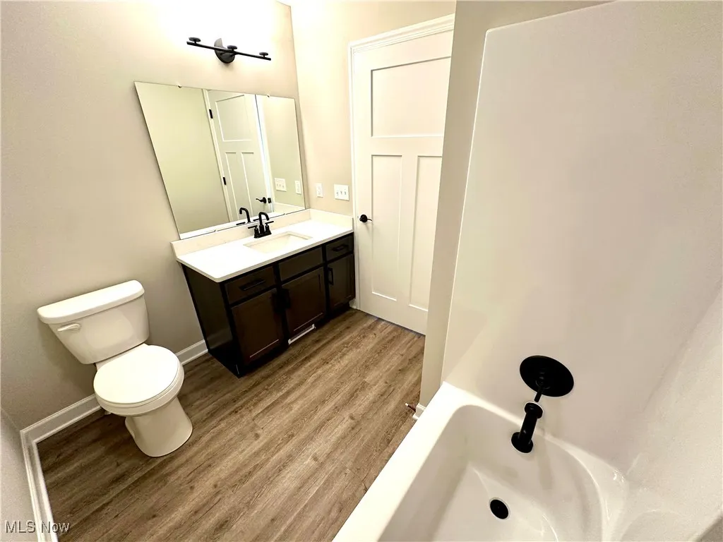 Bathroom featuring vanity, hardwood / wood-style flooring, and toilet