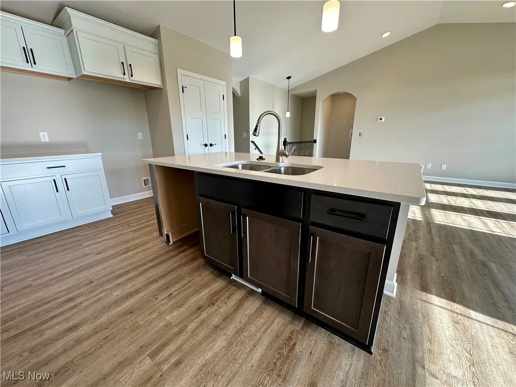 Kitchen with sink, hanging light fixtures, light hardwood / wood-style flooring, vaulted ceiling, and a center island with sink