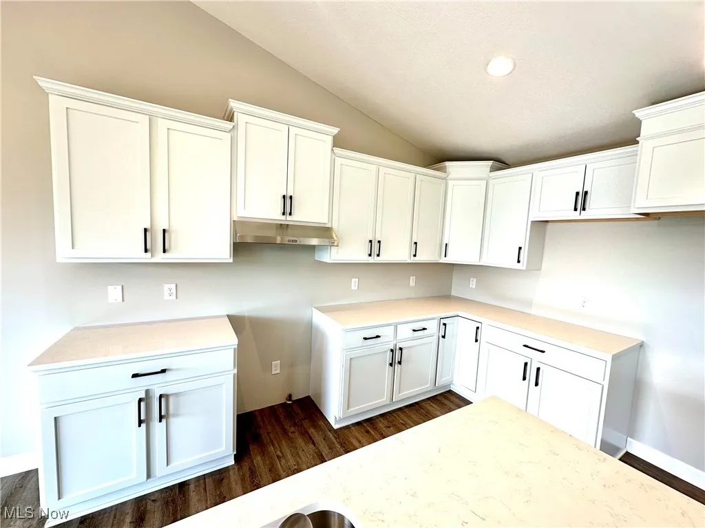 Kitchen featuring lofted ceiling, white cabinetry, and dark wood-type flooring