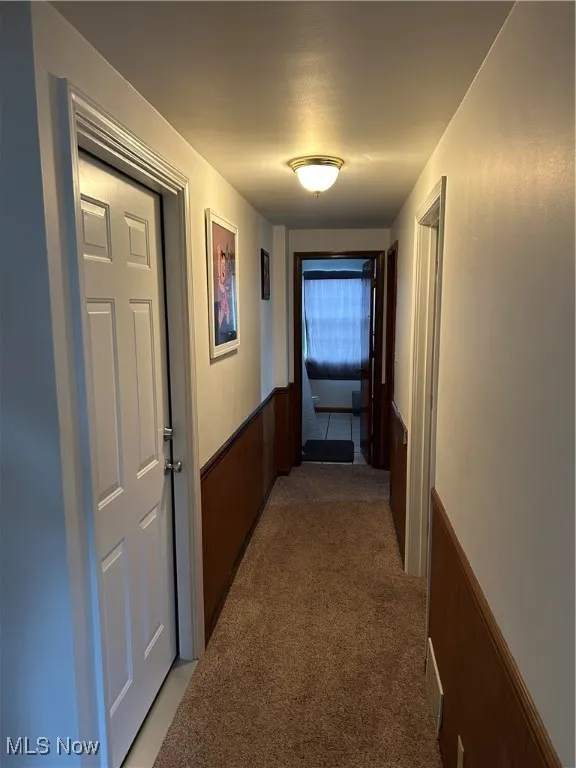 Corridor with light carpet and wood walls