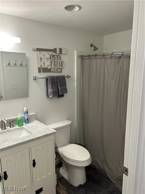 Bathroom with hardwood / wood-style floors, vanity, toilet, and walk in shower