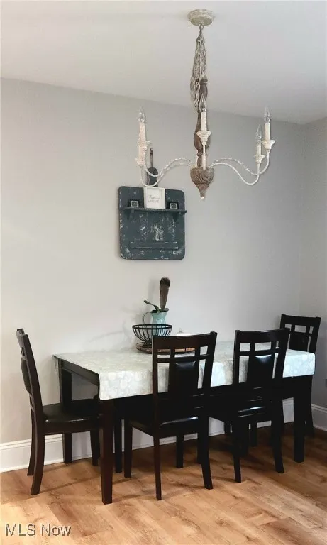 Dining room with light wood-style floors.
