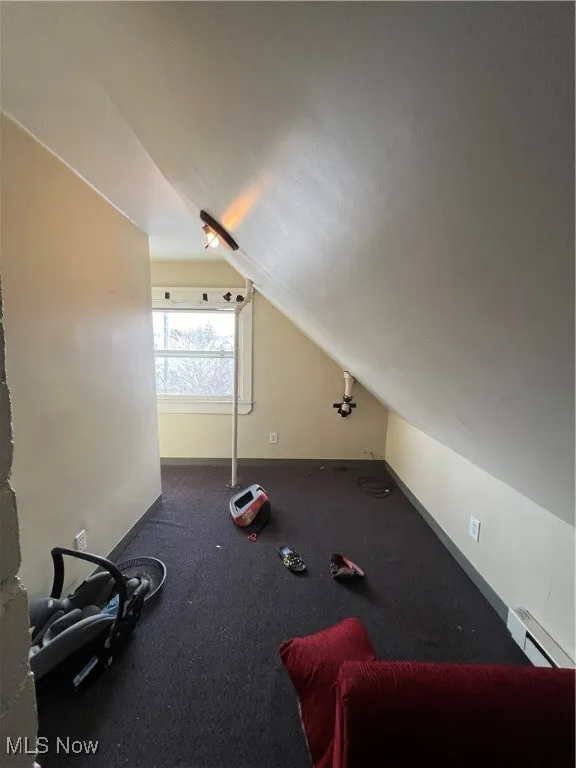 Additional living space with vaulted ceiling and a baseboard heating unit