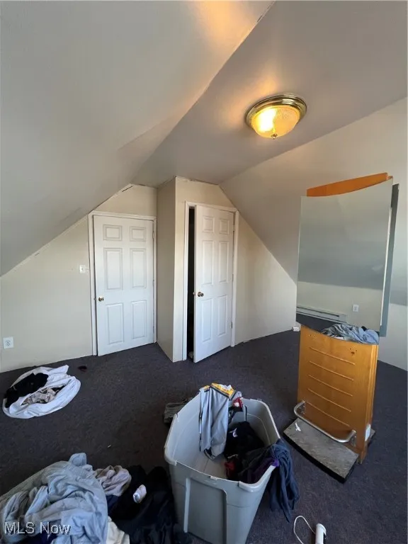 Additional living space featuring dark carpet and vaulted ceiling