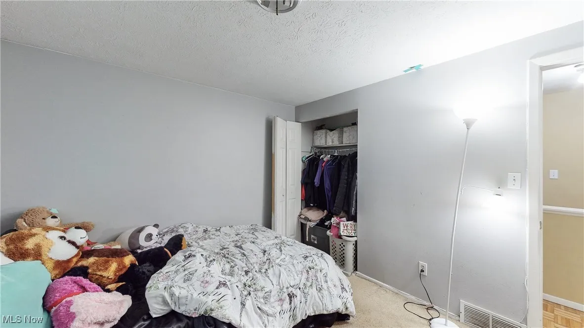 Carpeted bedroom with a textured ceiling and a closet