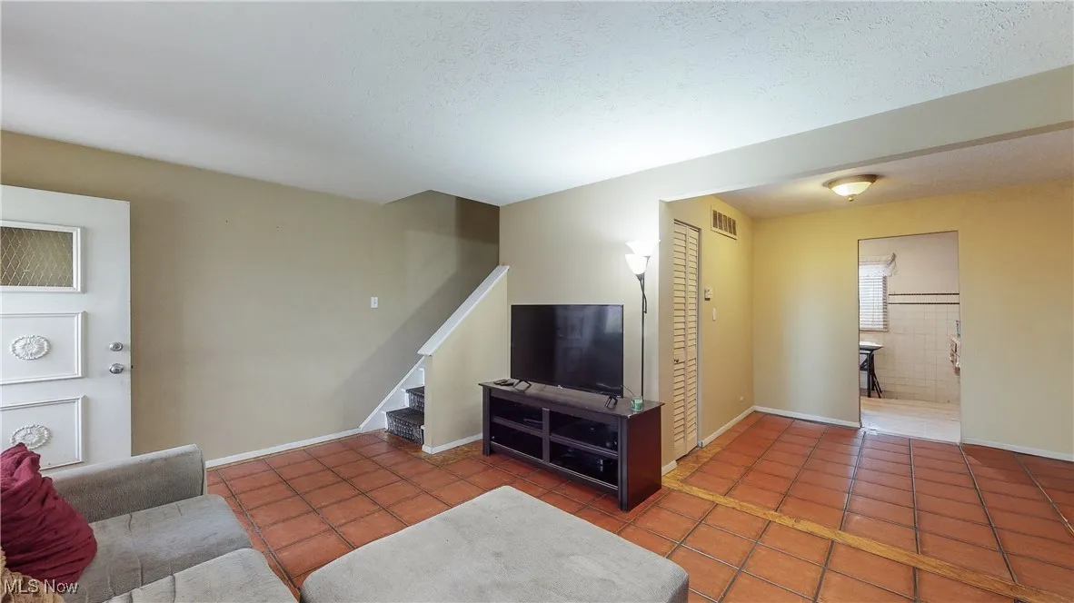 Living room featuring dark tile patterned floors