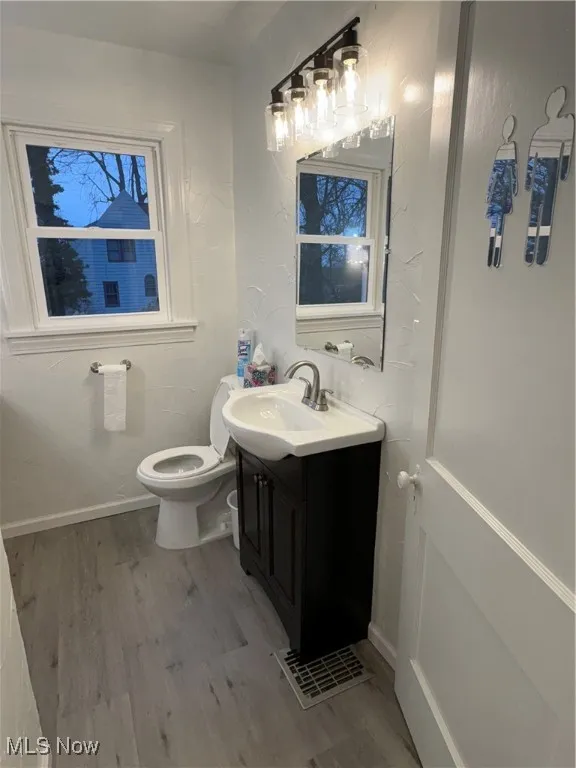 Bathroom featuring vanity, toilet, and wood-type flooring