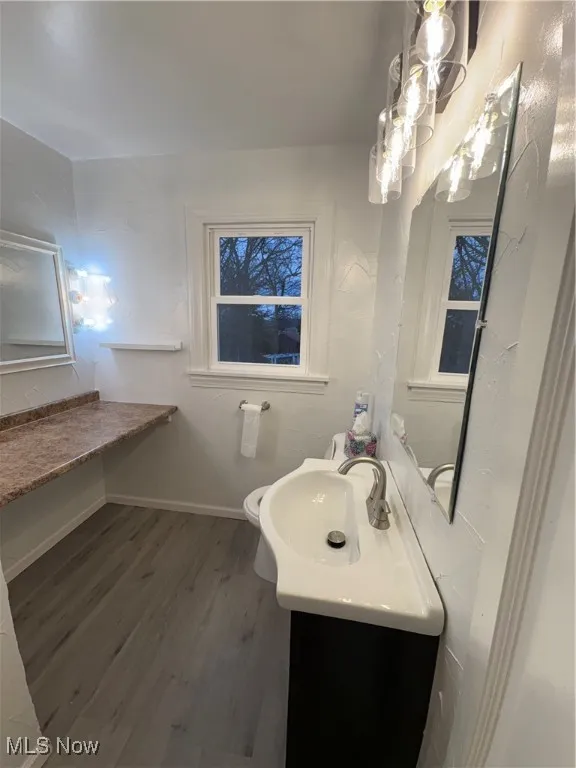 Bathroom with vanity with wood-style flooring
