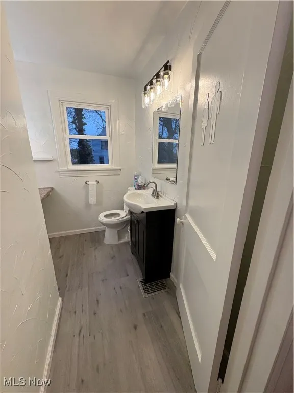 Bathroom with vanity, wood-type flooring, and toilet