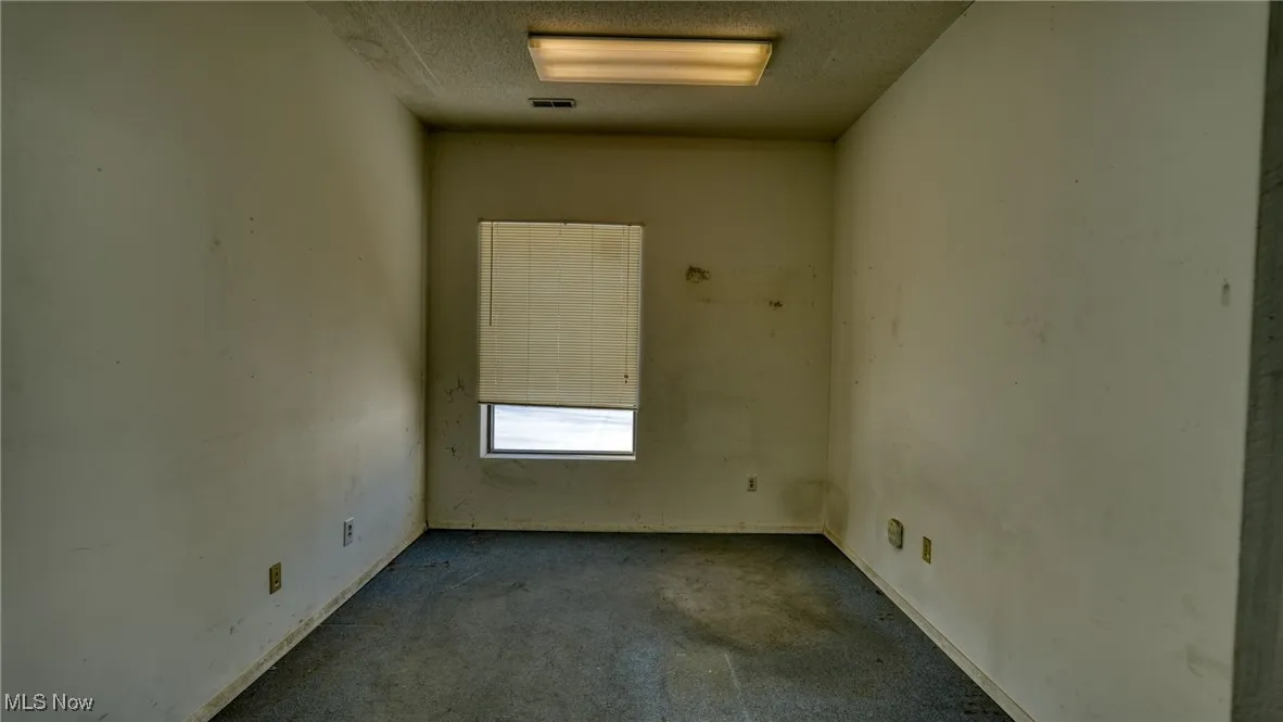 Office/room with carpet floors and a textured ceiling