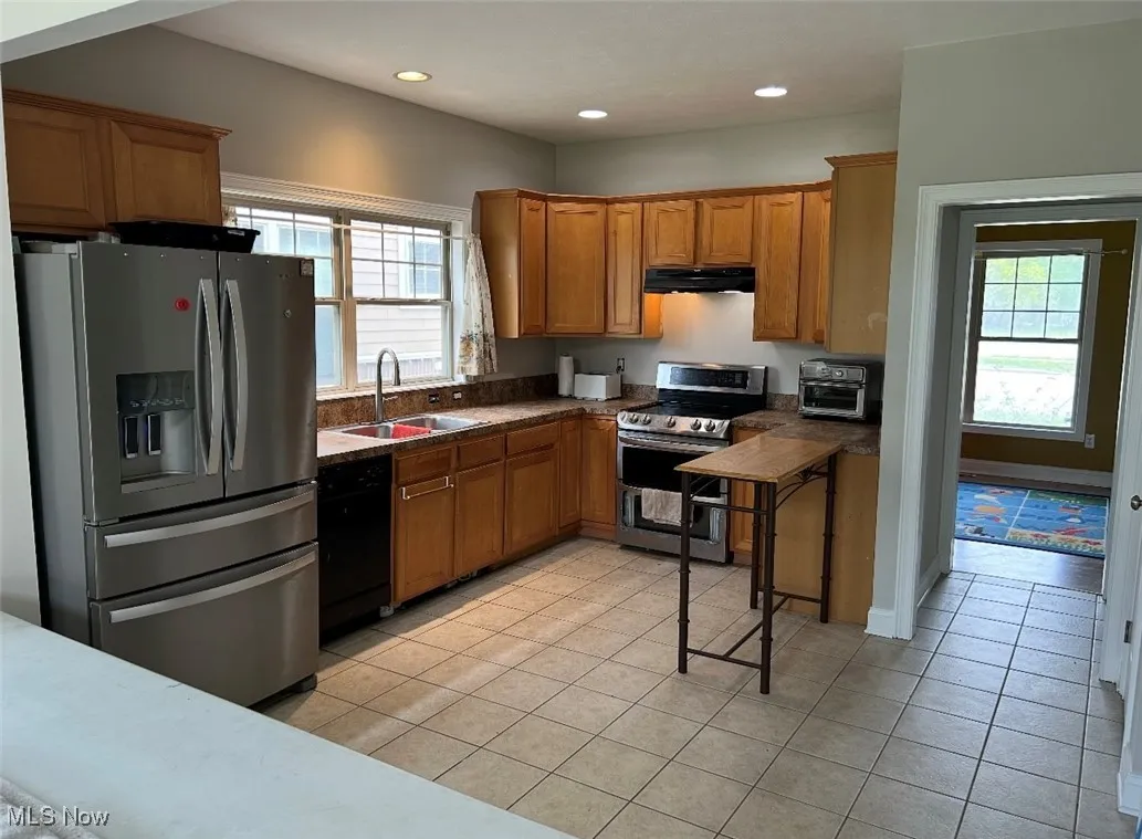 Kitchen featuring stainless steel appliances, a wealth of natural light, under cabinet range hood, and a sink