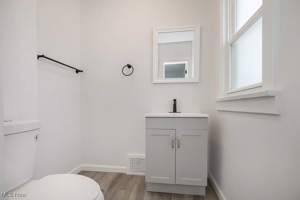 Bathroom featuring vanity, toilet, and wood-type flooring