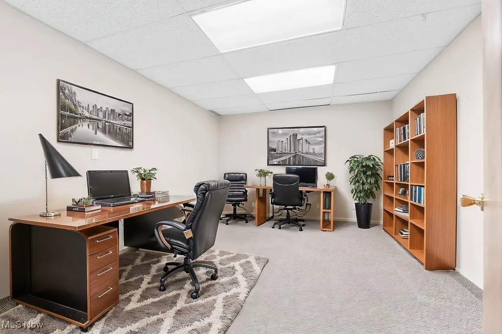Carpeted office featuring a paneled ceiling