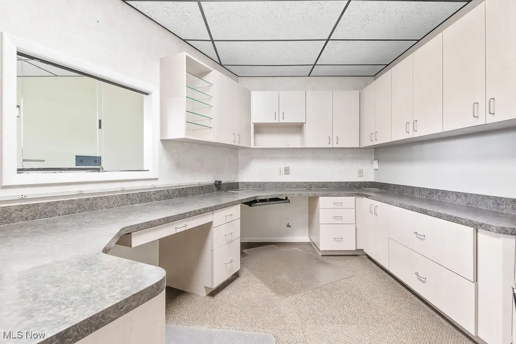 Kitchen with a drop ceiling, light carpet, and white cabinets