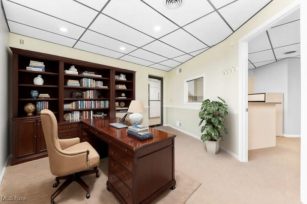 Home office featuring light colored carpet, a drop ceiling, visible vents, and baseboards