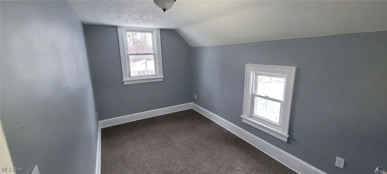 Additional living space with a textured ceiling, carpet floors, and vaulted ceiling