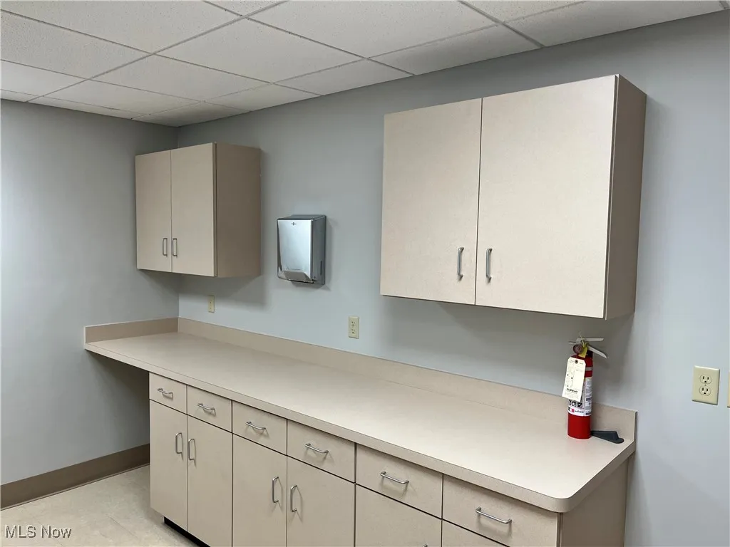 Kitchen with light countertops and a drop ceiling