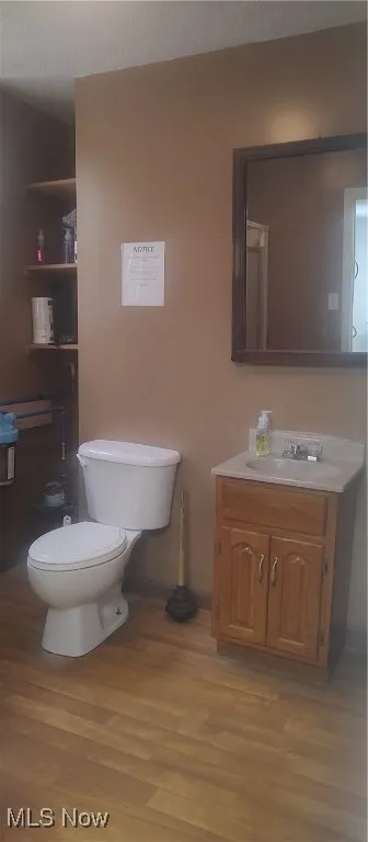 Bathroom with hardwood / wood-style floors, vanity, and toilet