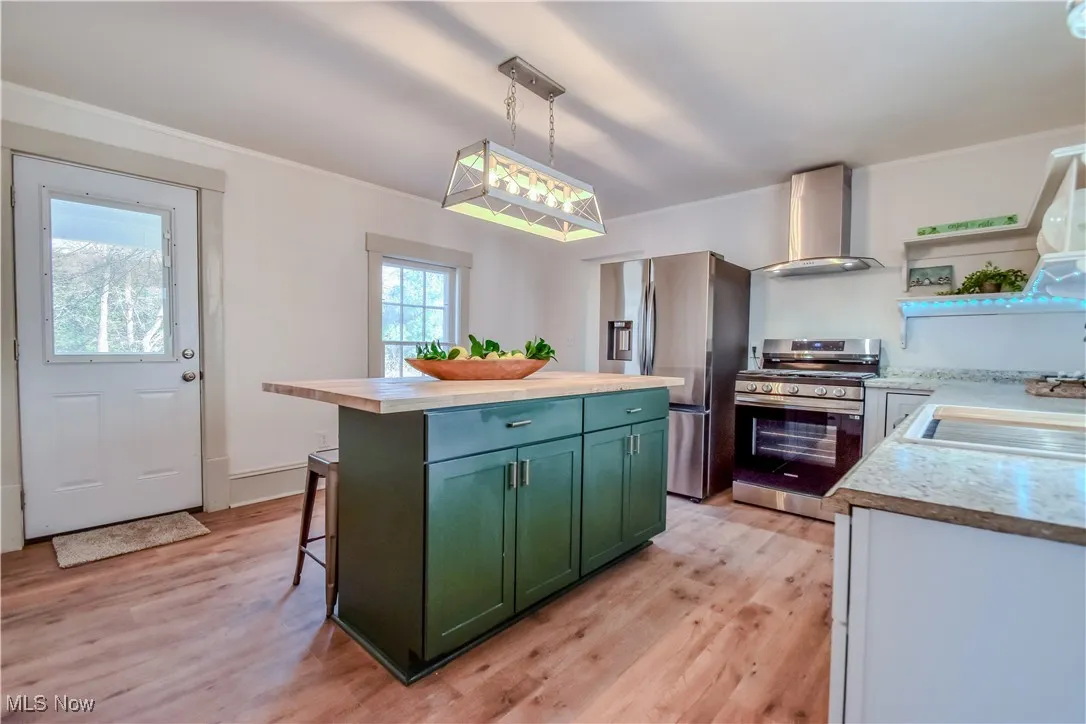 Kitchen with a sink, wall chimney range hood, stainless steel appliances, green cabinets, and light wood finished floors