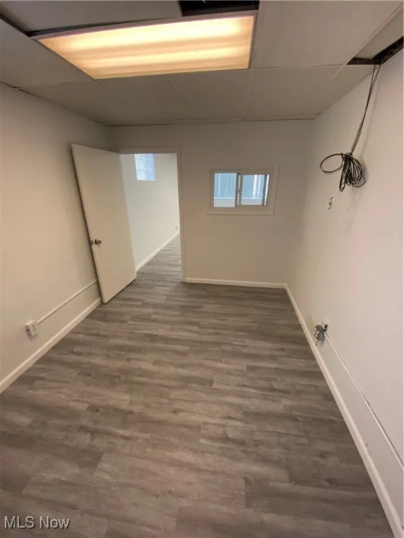 Basement with dark hardwood / wood-style floors