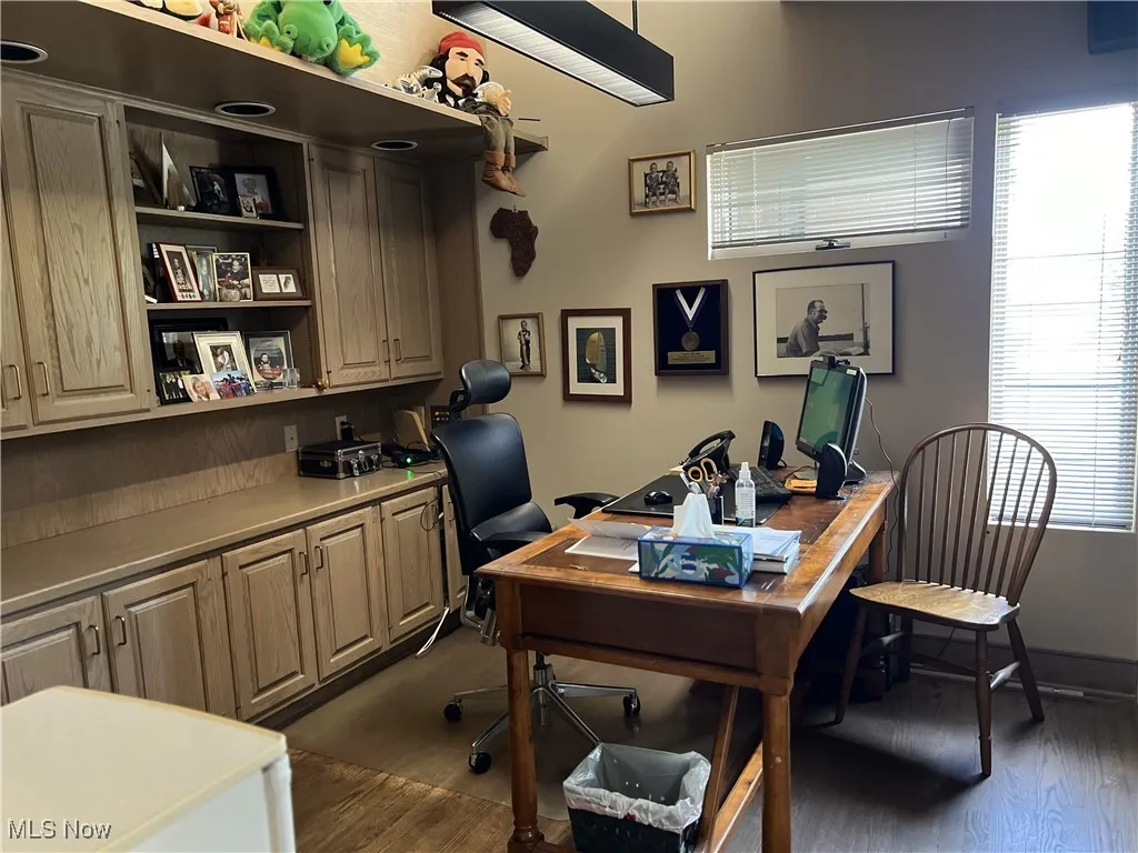Office with dark hardwood / wood-style flooring