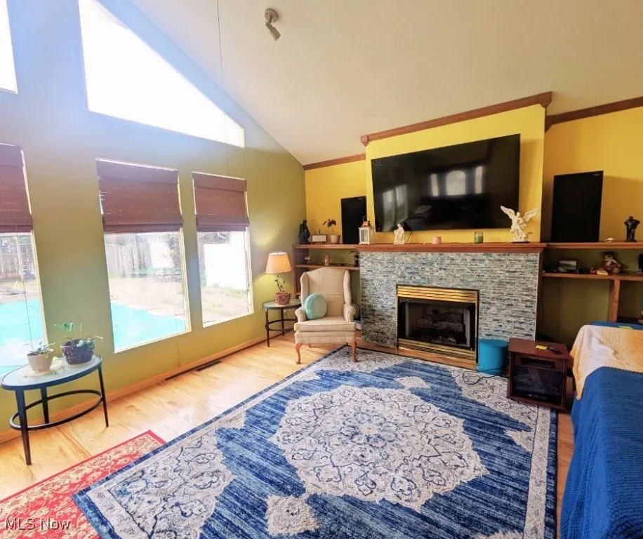 Living room featuring a fireplace, plenty of natural light, high vaulted ceiling, and wood finished floors