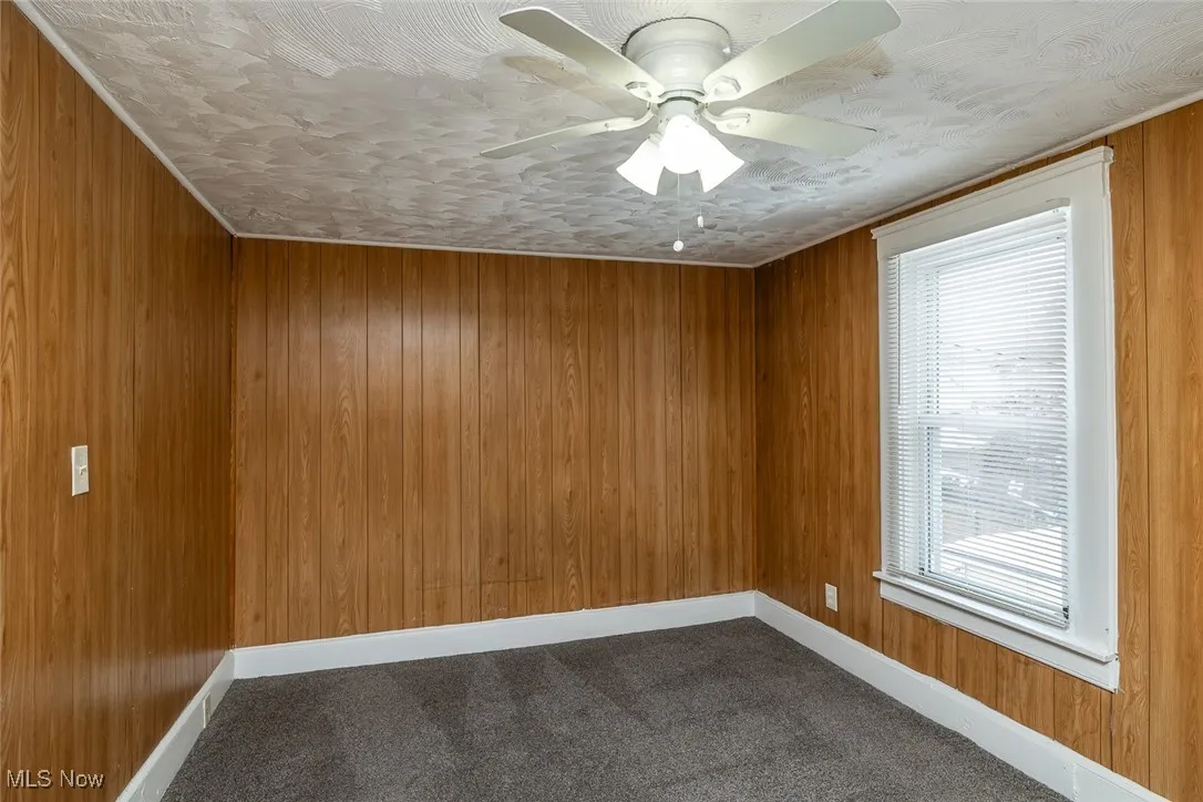 Carpeted empty room featuring ceiling fan, a wealth of natural light, and wood walls