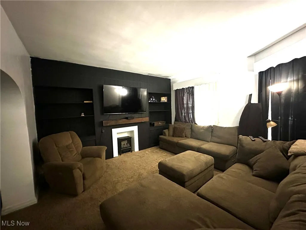 Carpeted living room with built in shelves