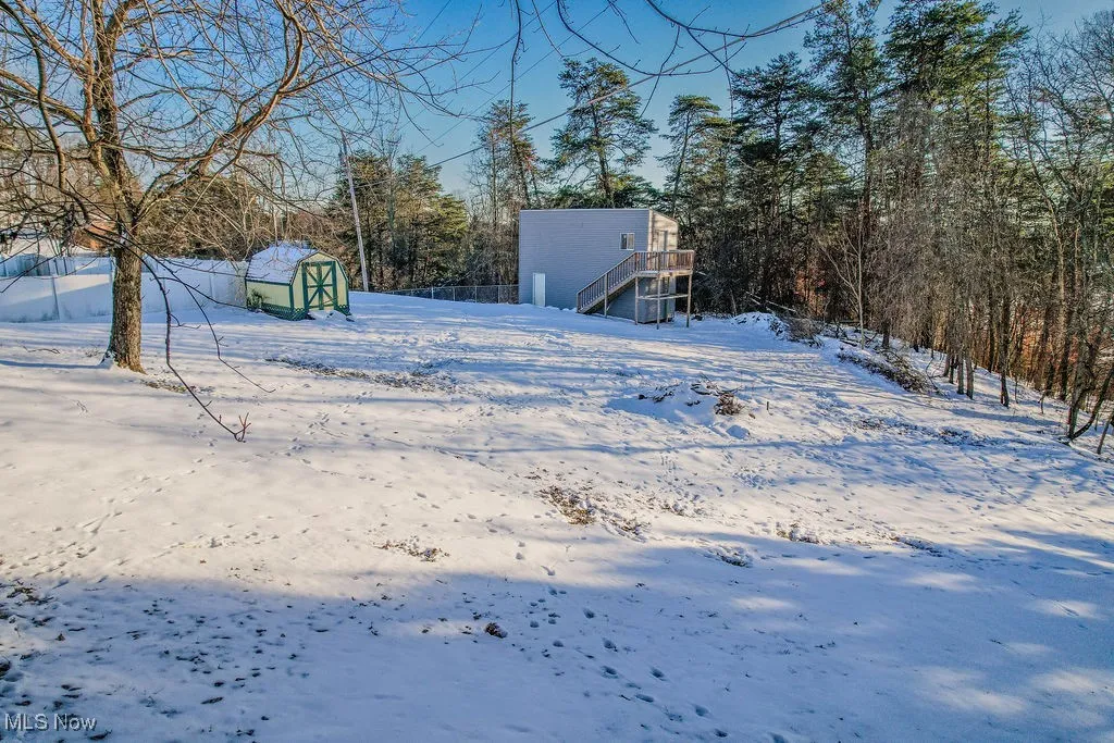 Yard covered in snow with an outdoor structure