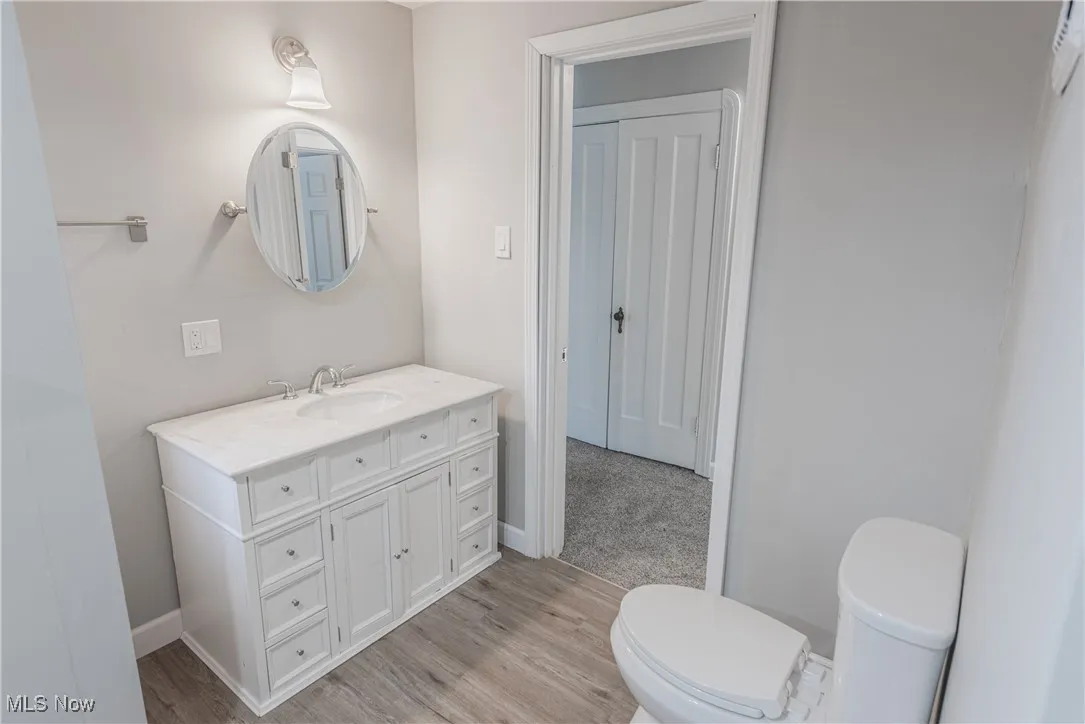 Bathroom featuring vanity, toilet, and wood-type flooring