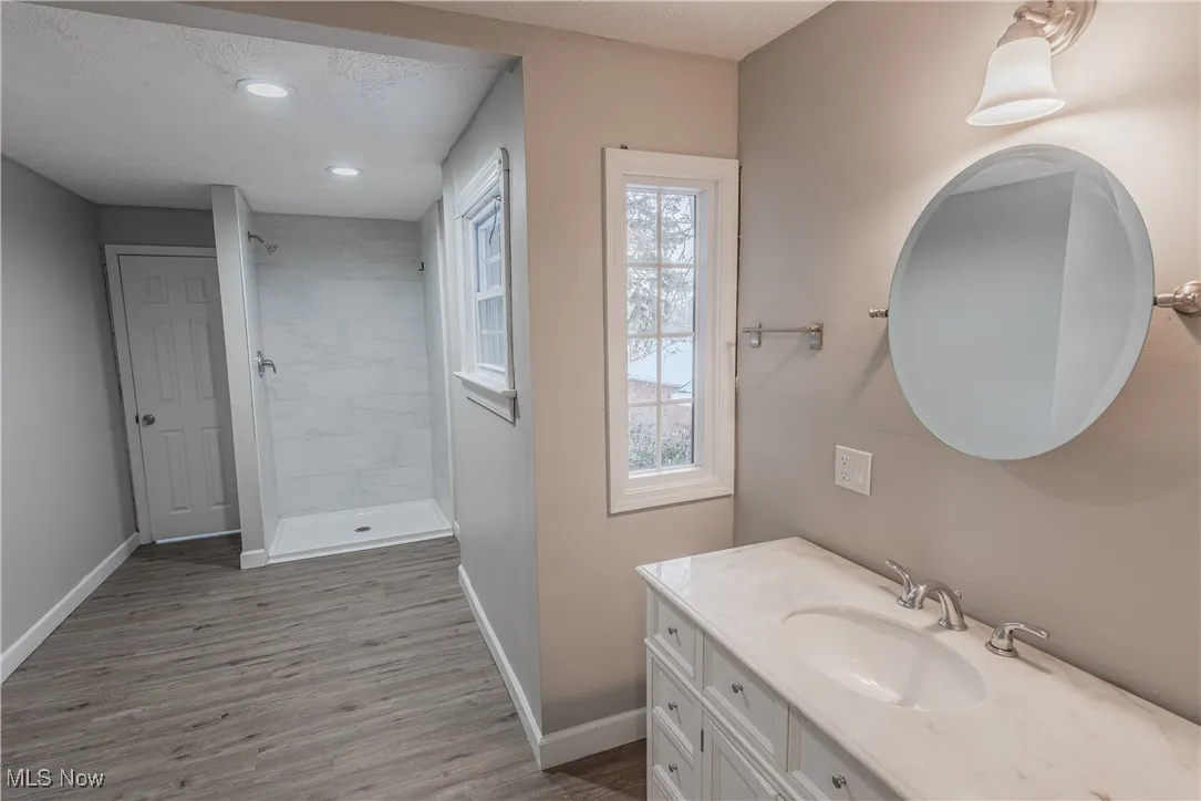 Bathroom with hardwood / wood-style floors, tiled shower, vanity, and a healthy amount of sunlight