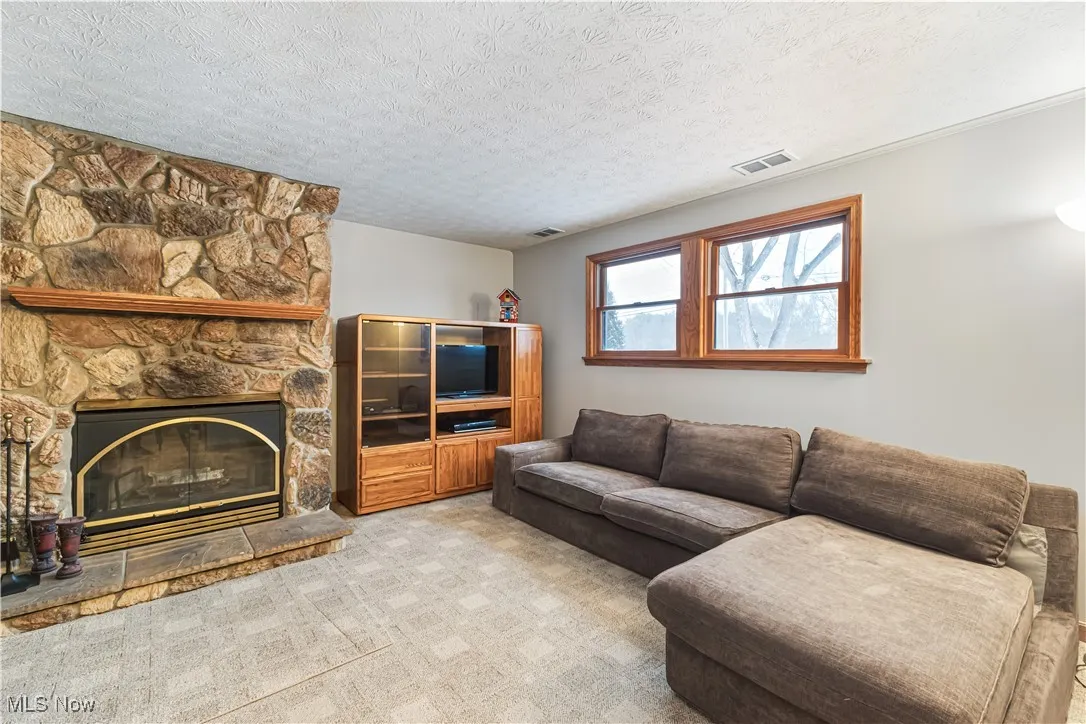 With stone wood burning fireplace.