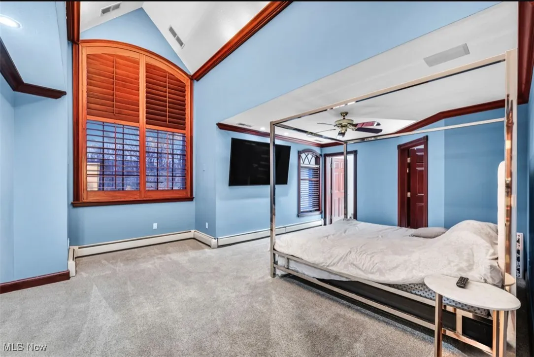 Carpeted bedroom featuring baseboards and lofted ceiling