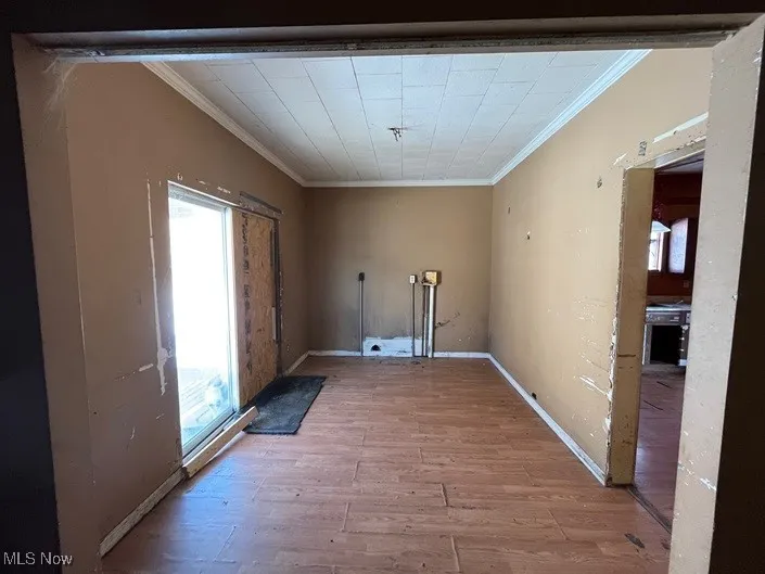 Clothes washing area with ornamental molding and light wood-type flooring