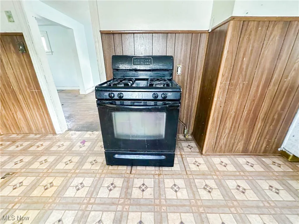 Kitchen featuring wooden walls and black gas stove