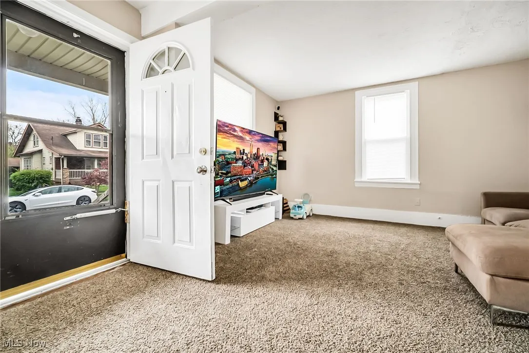 Living area with baseboards, a wealth of natural light, and carpet flooring
