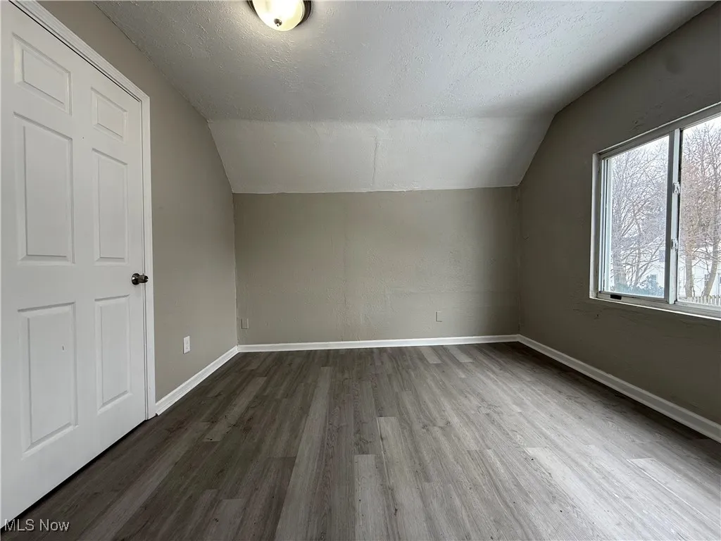 Bonus room with lofted ceiling, dark hardwood / wood-style floors, and a textured ceiling