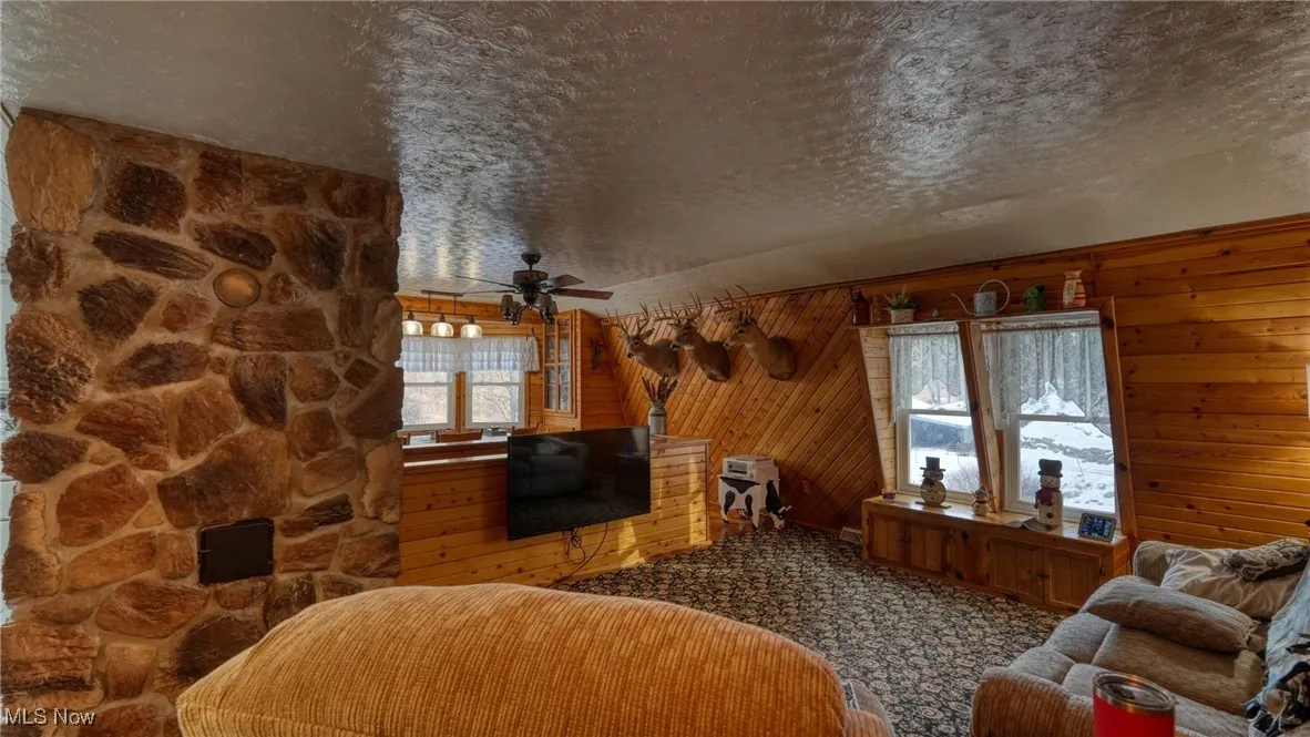 Living room with ceiling fan, wood walls, a textured ceiling, and carpet flooring