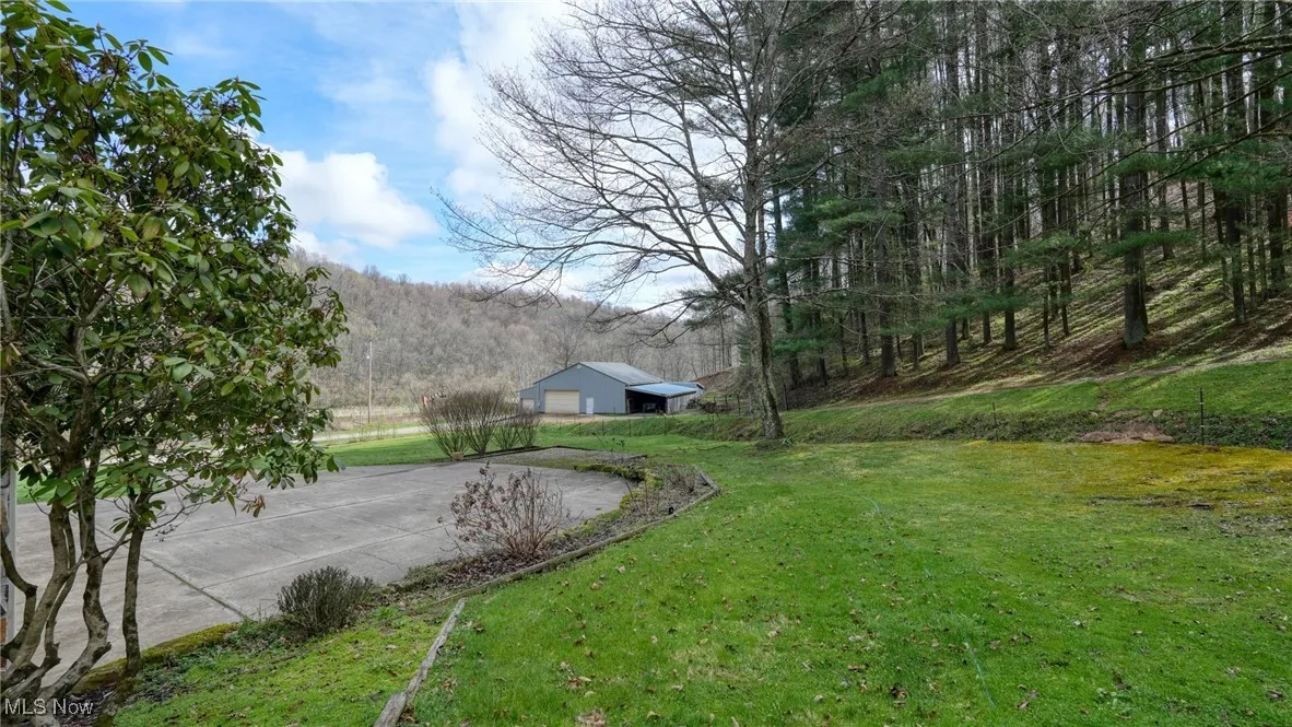 View of yard with a forest view and an outdoor structure