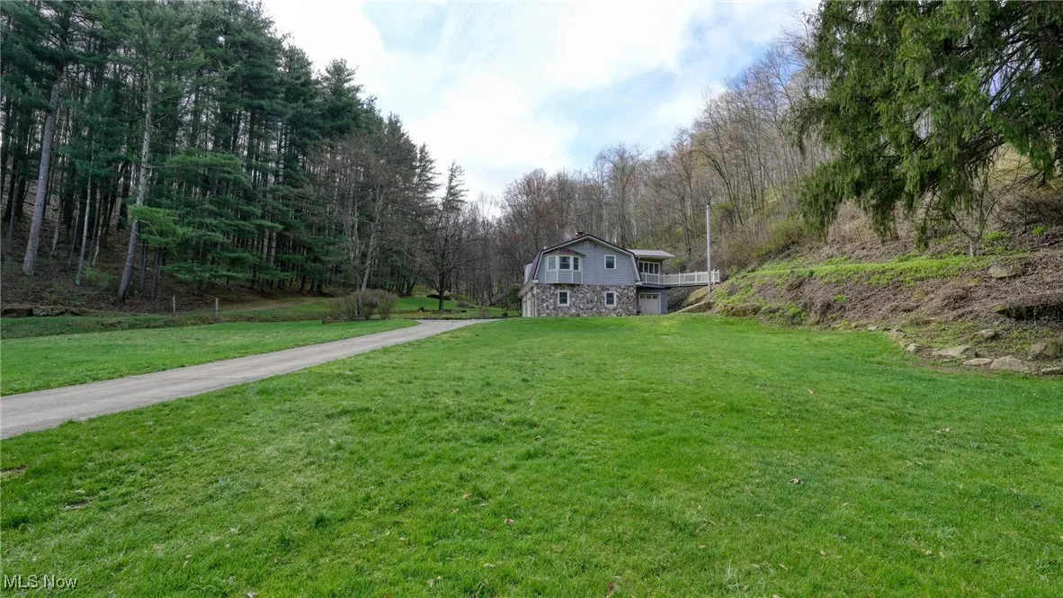 View of yard with a wooded view and driveway