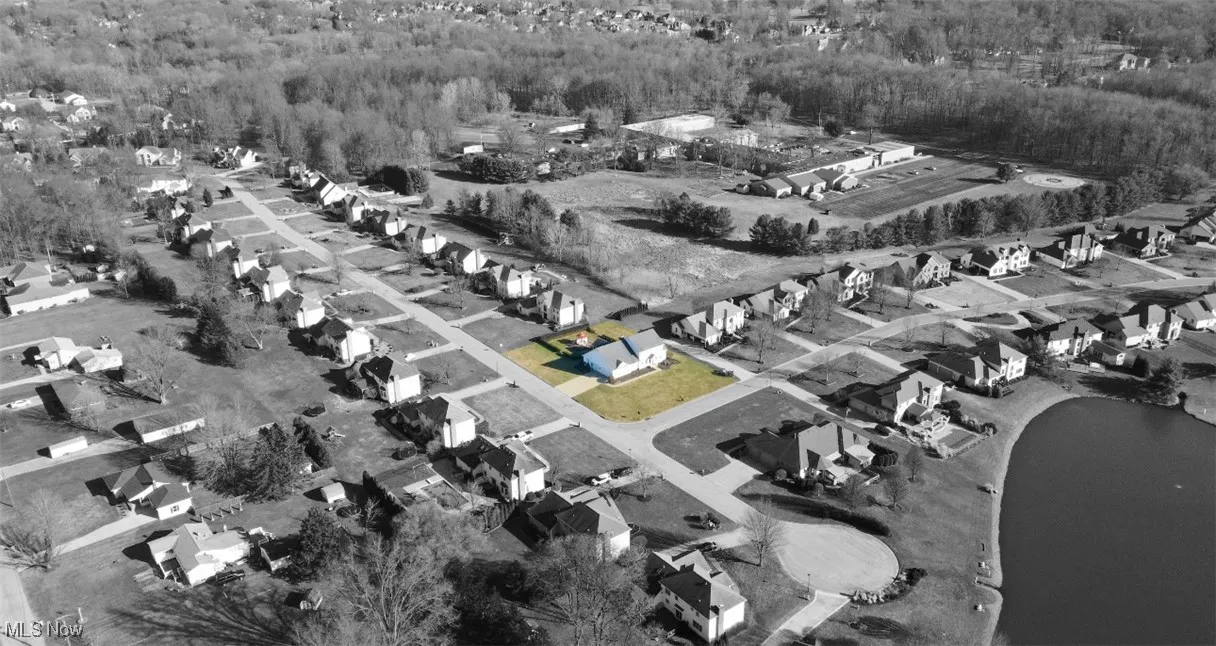 Aerial view of residential area with a forest