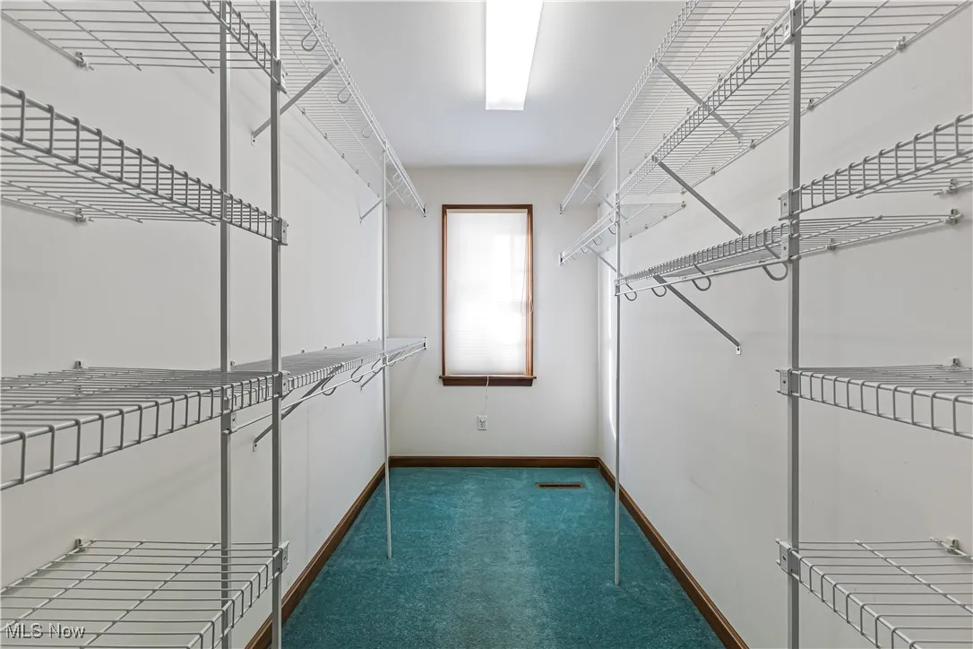 Spacious closet with dark colored carpet