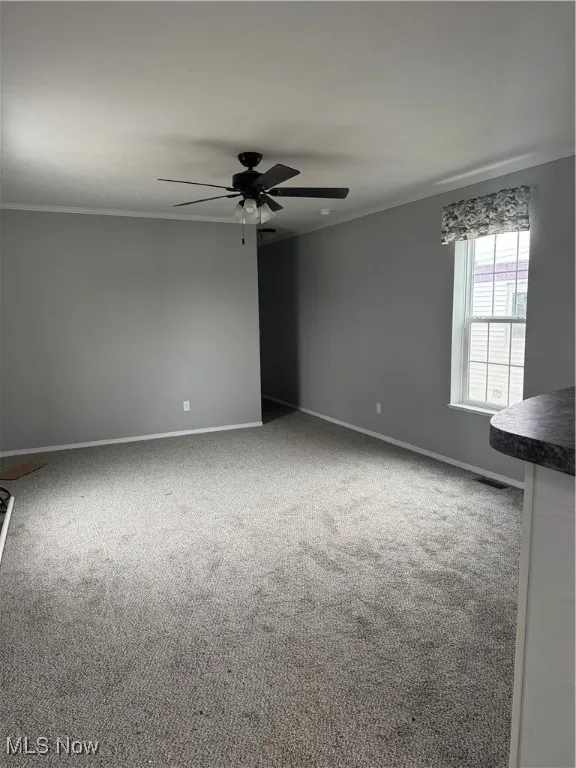 Carpeted spare room with crown molding and ceiling fan