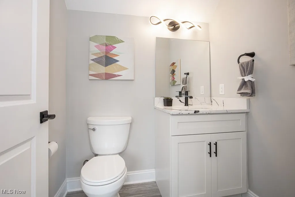 Bathroom with hardwood / wood-style flooring, toilet, and large vanity