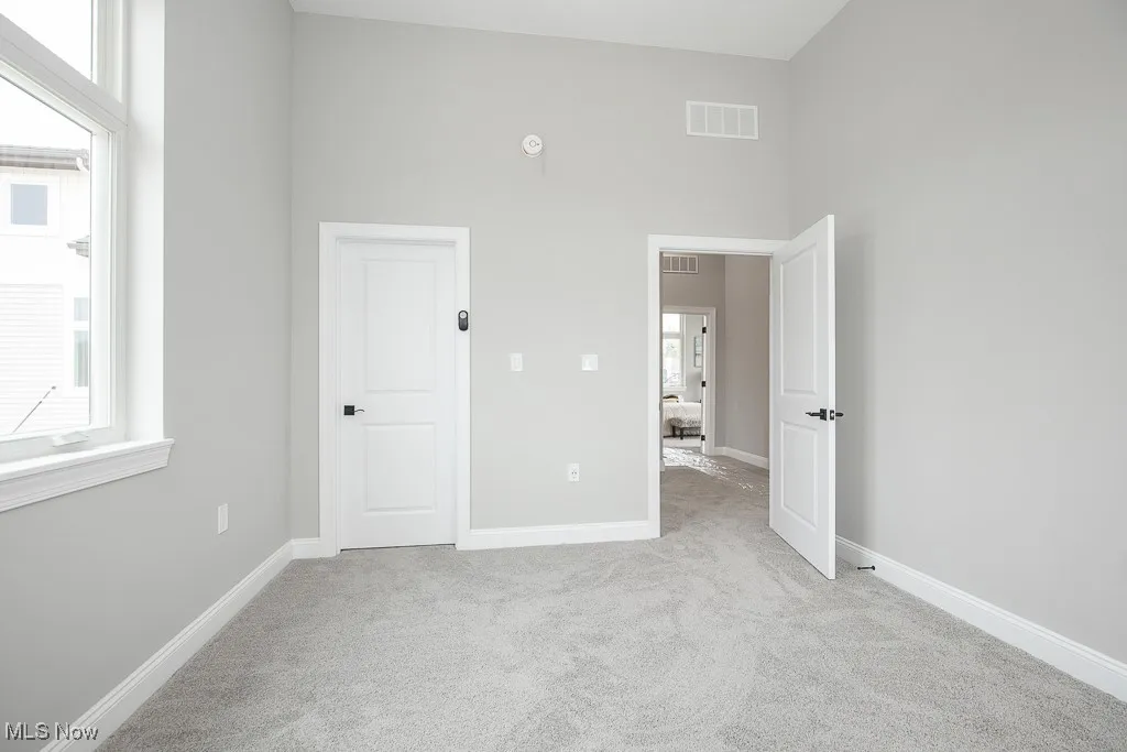 Unfurnished bedroom with light carpet, a high ceiling, and multiple windows