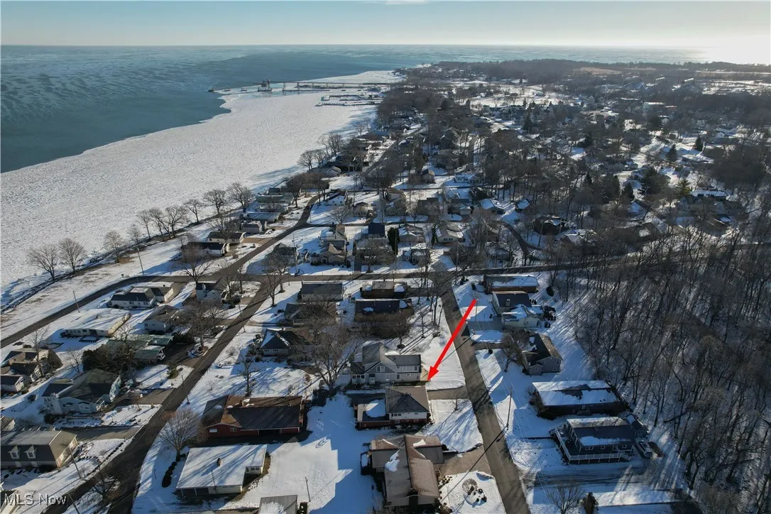 Snowy aerial view with a water view